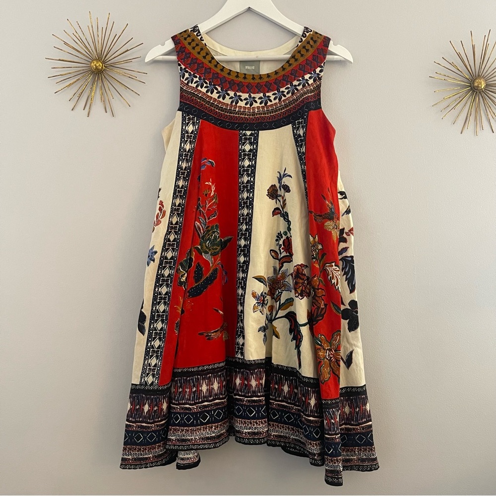 Red Blue Anthro Maeve Cotton Flax Trapeze Paisley Dress S - Picture 3 of 12